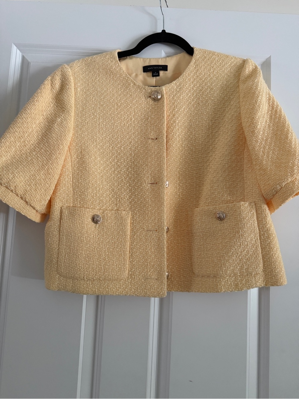 Ann Taylor Short Sleeve Bouclé Jacket in Pale Yellow
